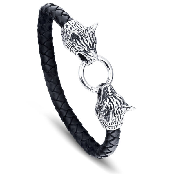 European And American Titanium Steel Cowhide Wolf Head Bracelet - Image 2