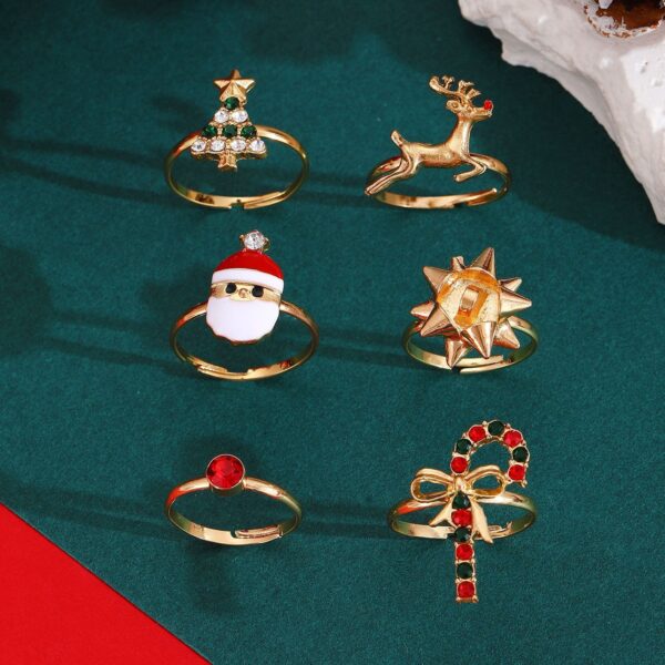 6pcs Santa Claus Christmas Tree Elk Rings Cute Cartoon Christmas Open Adjustable Ring Oil Drop Jewelry - Image 5