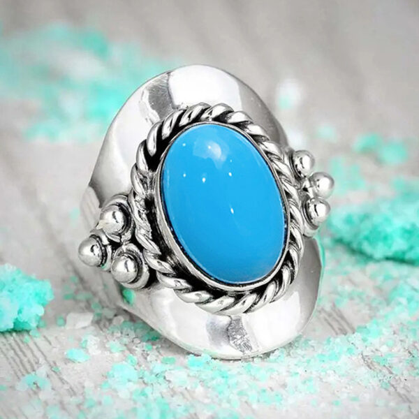 Retro Ring Exaggerated Oval Female Turquoise