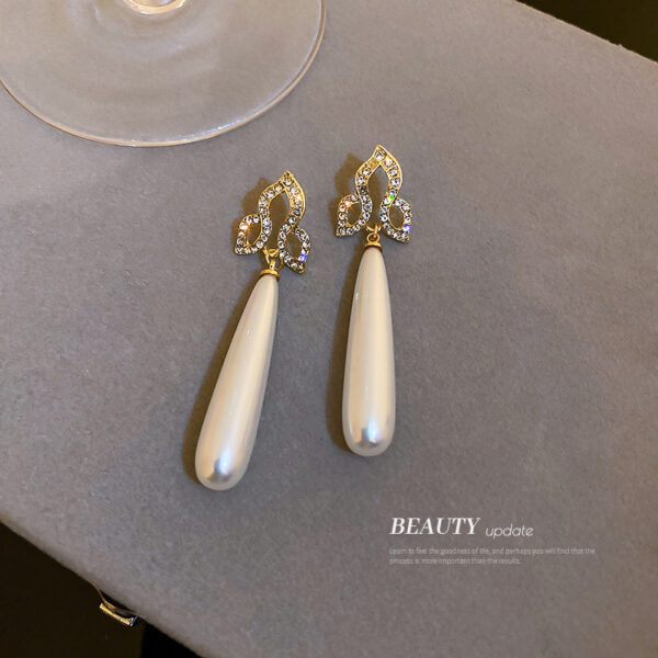 Silver Post Diamond Drop-Shaped Pearl Earrings - Image 2