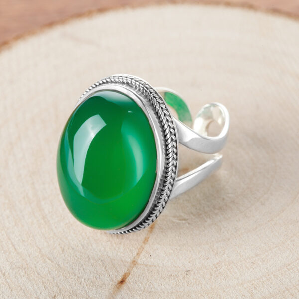 925 sterling silver Thai silver natural green chalcedony ring vintage index ring female exaggerated gemstone ring - Image 2