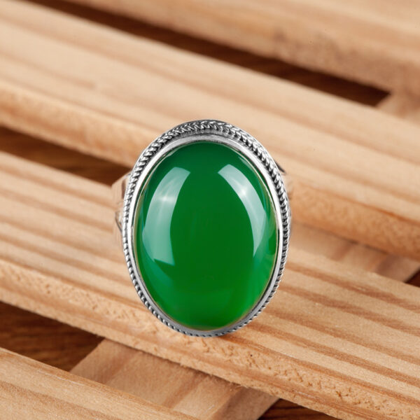 925 sterling silver Thai silver natural green chalcedony ring vintage index ring female exaggerated gemstone ring - Image 5