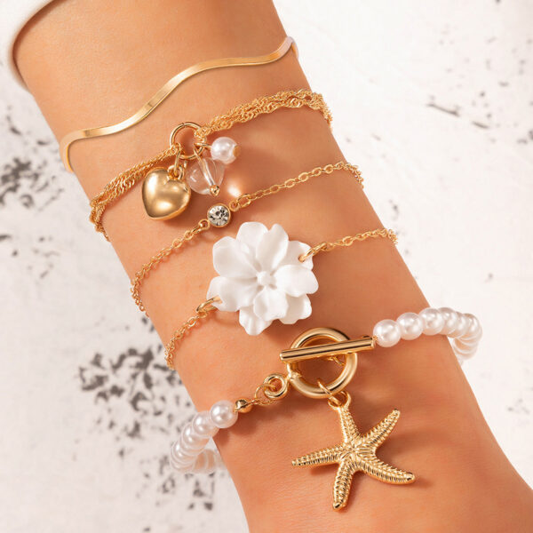 White Flower Love Starfish Pendant Pearl Bracelet 5 Piece Set Female - Image 5