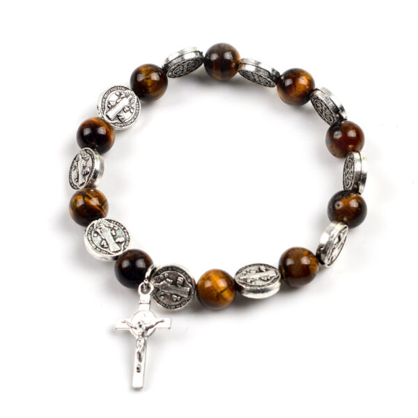 Religious Zinc Alloy Jesus Cross Benedict Tiger Eye Rosary Bracelet - Image 6