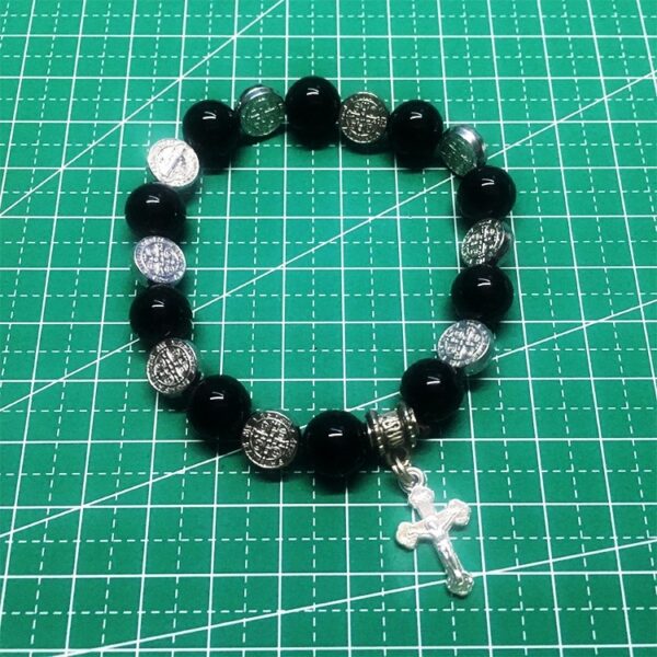 Religious Zinc Alloy Jesus Cross Benedict Tiger Eye Rosary Bracelet - Image 5