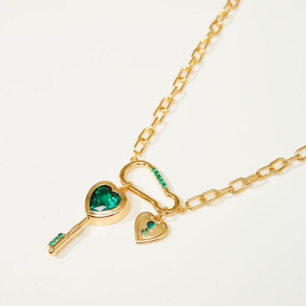 Fashion Emerald Love Key Inlaid Zircon Pendant Necklace - Image 6