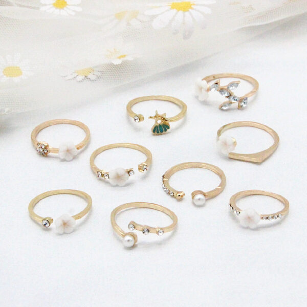 Bohemian  Flower Pearl And Diamond 9-piece Ring Joint Ring - Image 5