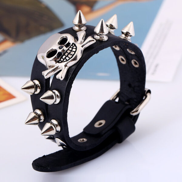 Studded Skull Leather Bracelet European And American Retro Men And Women - Image 2