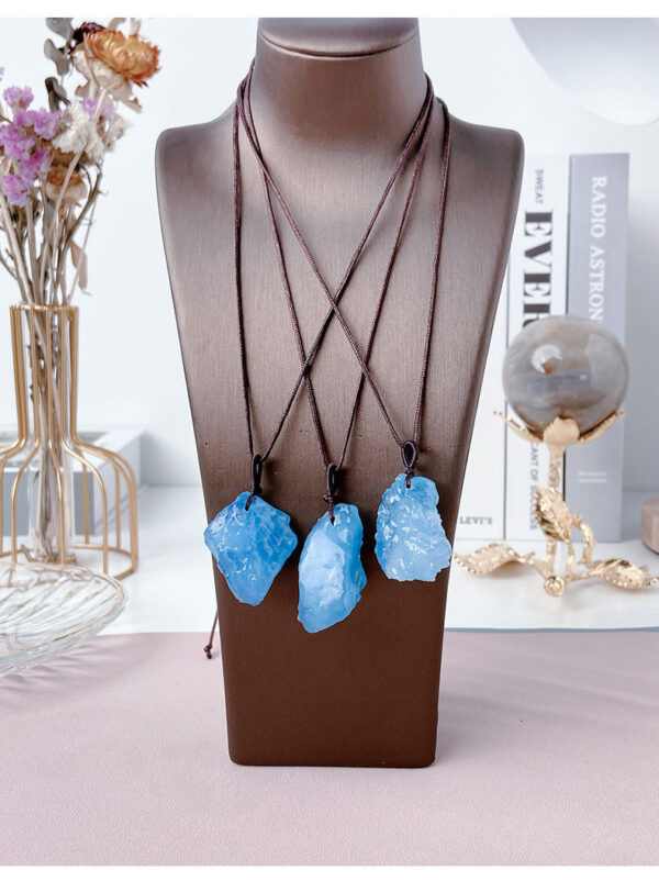 Ice Aquamarine Crystal Raw Stone Pendant Hand-woven Sweater Necklace 
 reduce anxiety, promote profound meditation, and balance hormones. - Image 2