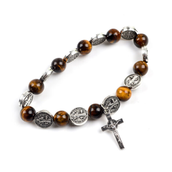 Religious Zinc Alloy Jesus Cross Benedict Tiger Eye Rosary Bracelet - Image 4