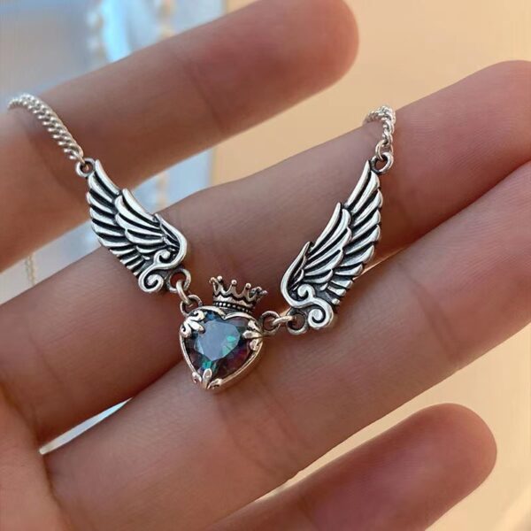 Vintage Gothic Heart Crown Angel Wings Necklace - Image 9