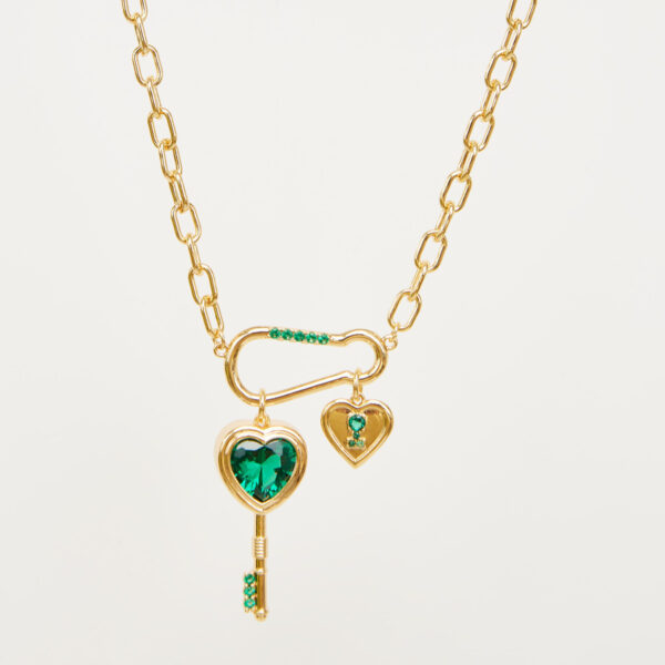 Fashion Emerald Love Key Inlaid Zircon Pendant Necklace - Image 3