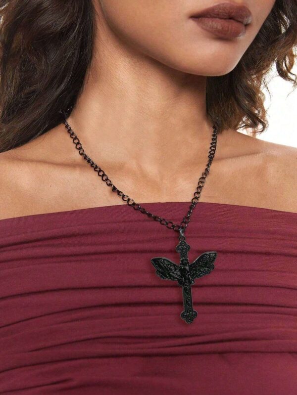 Creative Dark Punk Cross Moth Necklace - Image 3