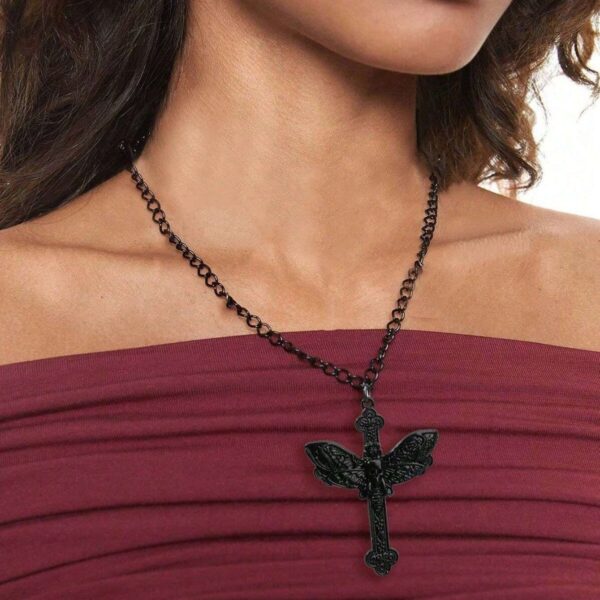 Creative Dark Punk Cross Moth Necklace - Image 2