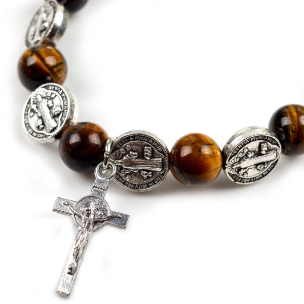 Religious Zinc Alloy Jesus Cross Benedict Tiger Eye Rosary Bracelet - Image 3