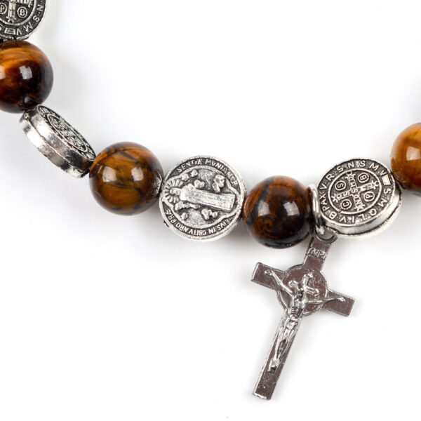 Religious Zinc Alloy Jesus Cross Benedict Tiger Eye Rosary Bracelet - Image 2