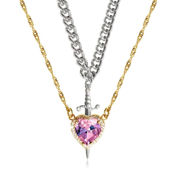 New Heart And Sword Necklace Set Gold Color Stainless Steel Crystal Couple Necklaces - Image 10