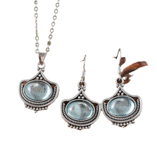 Vintage Blue Oval Gemstone Pendant Necklace Earrings - Image 2