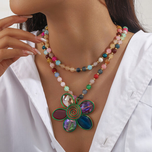 Fashion Colored Glass Beaded Flower Necklace - Image 2